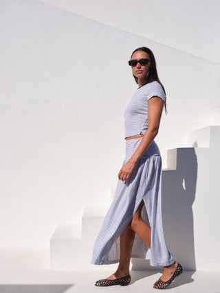 SU26-706-6286 - NAVY MINI STRIPE DOUBLE SLIT MAXI SKIRT