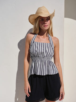 SU26-707-6298 - LINEN STRIPE PEPLUM HALTER TOP