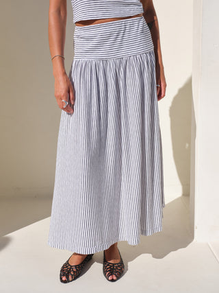 SU26-706-6286 - NAVY MINI STRIPE DOUBLE SLIT MAXI SKIRT
