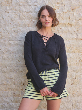 SP26-528-6191 - SLUB YARN LACE-UP SWEATER