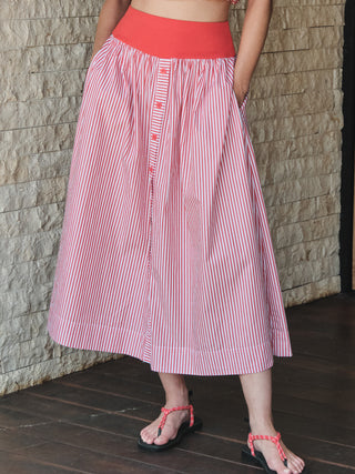 SP26-702-5940 - SPRING STRIPE POPLIN A-LINE MIDI SKIRT