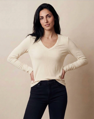 FINE 2X1 RIB L/S V-NECK NECK TOP